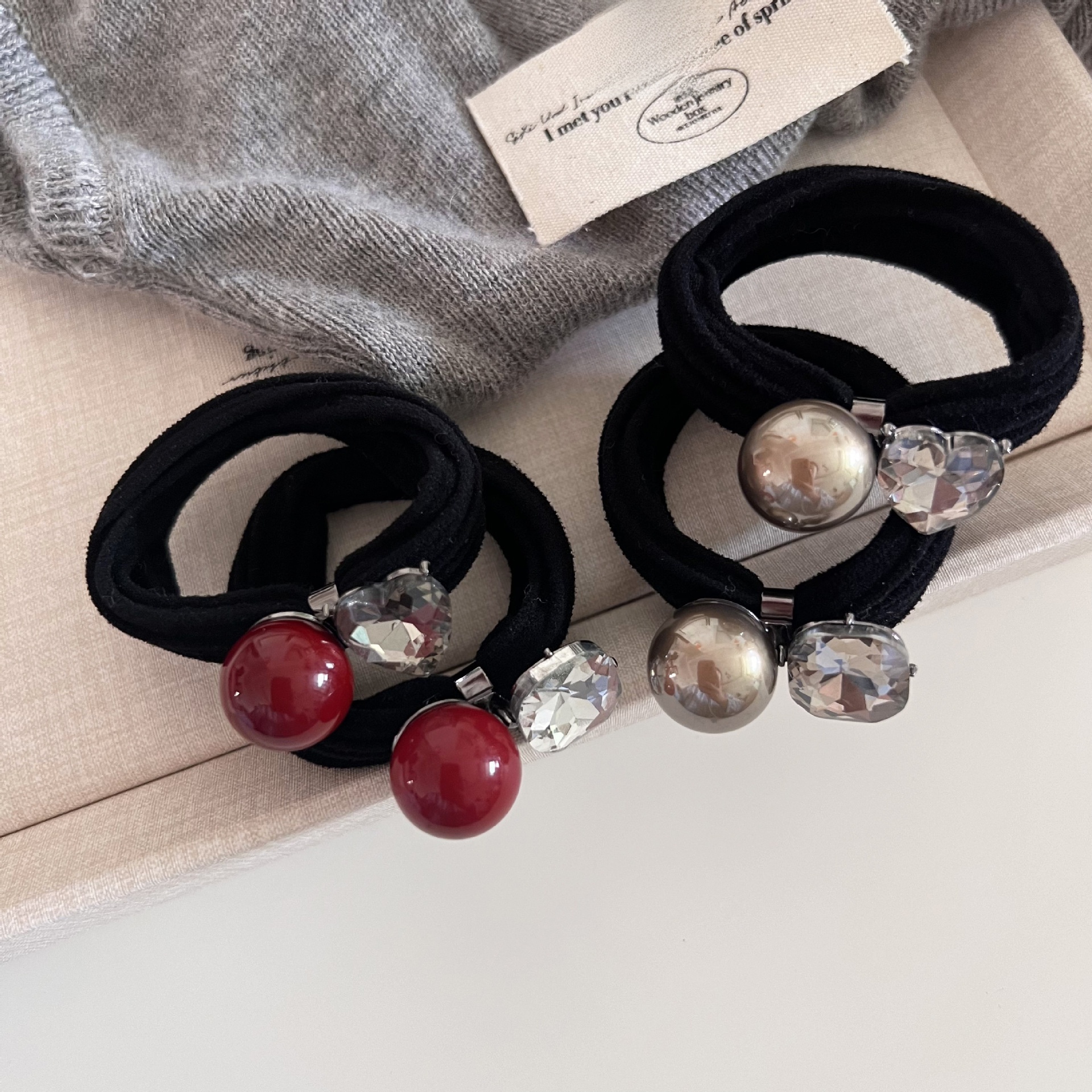 Women's Pearl Rhinestone Elastic Hair Band All-Season Red Champagne Black Heart