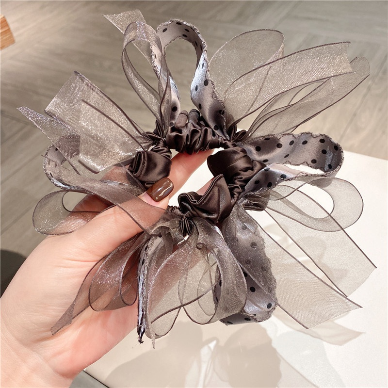 Women's Voluminous Gauze Lazy Hair Scrunchie Polka Dot Bow Knot