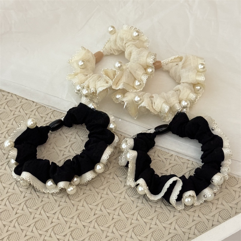 Women's Pearl Bubble Braid Cloth Hair Tie Summer Accessory Beige Black