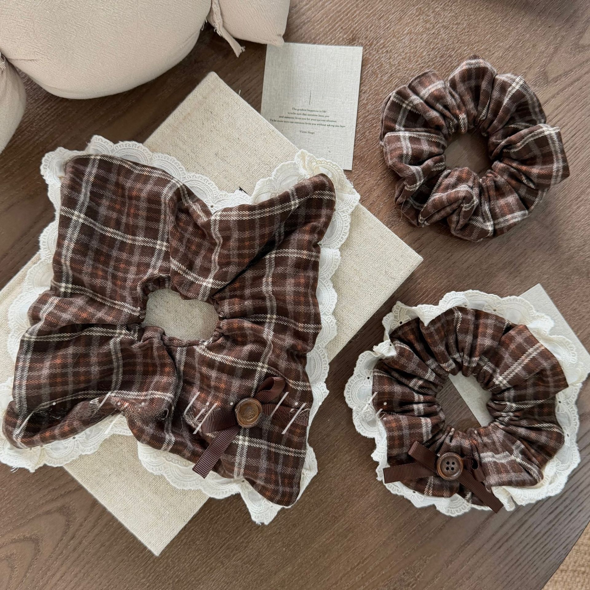 Women's French Style Autumn Winter Cloth Hair Tie Coffee Plaid
