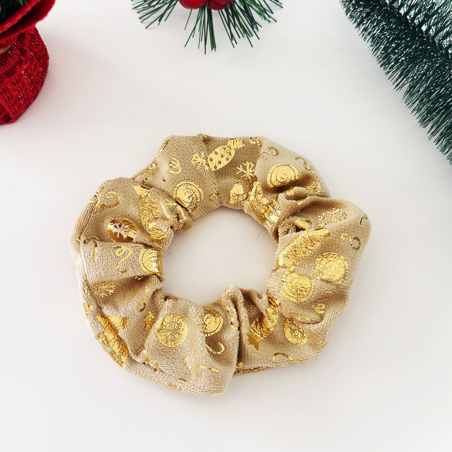 Women's Festive Velvet Hair Scrunchies Gold Embossed Christmas Tree