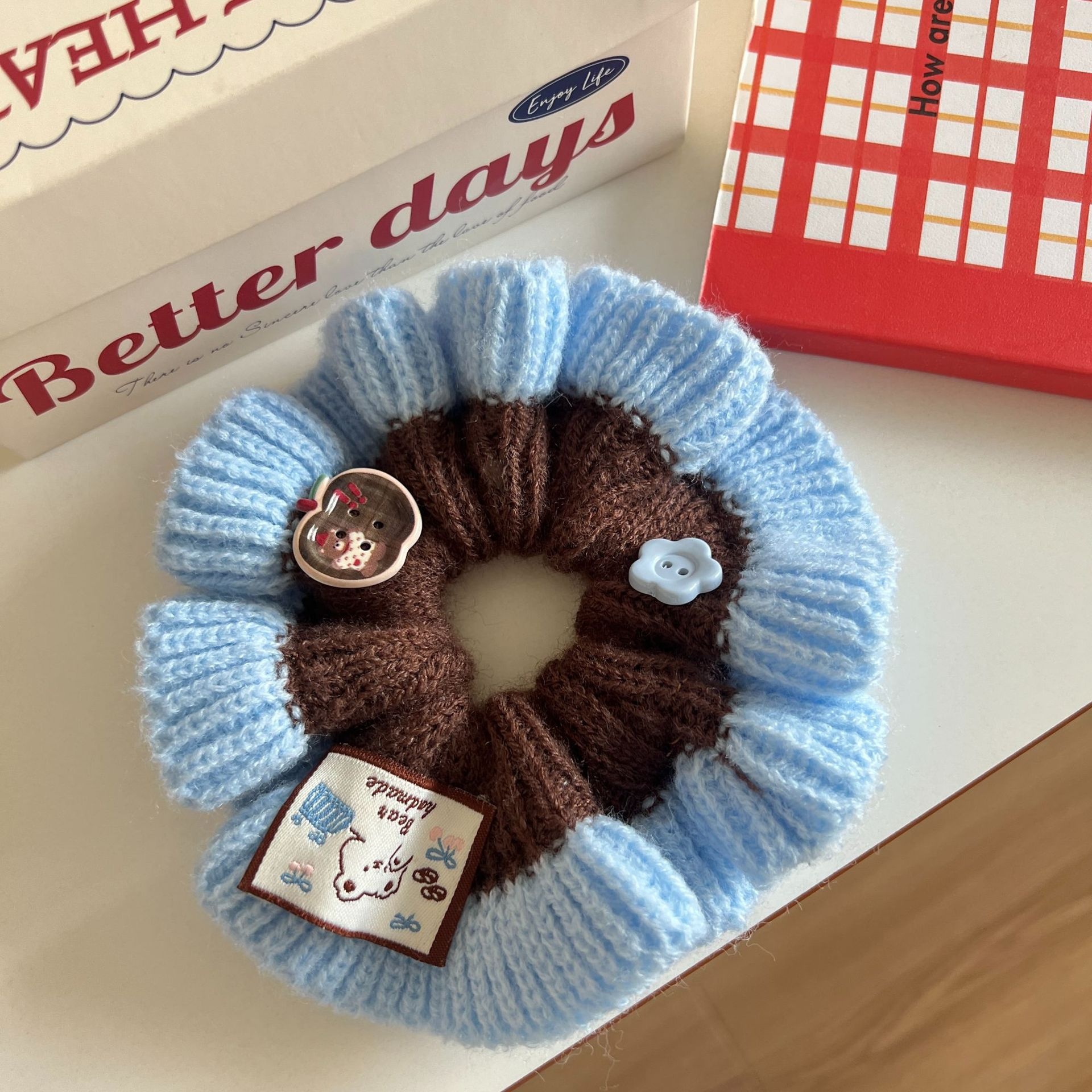 Women's Sweet Knitted Elastic Bun Hair Tie For Autumn Winter Color Block