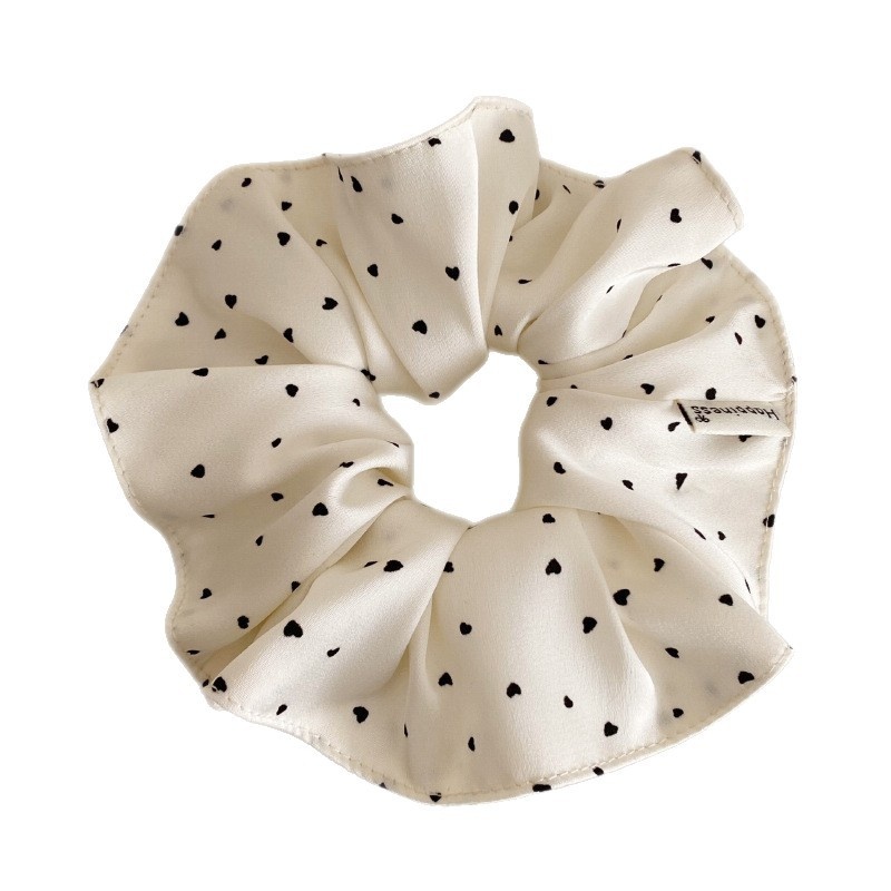 Women's Elegant French Satin Hair Tie Black White Heart Polka Dots