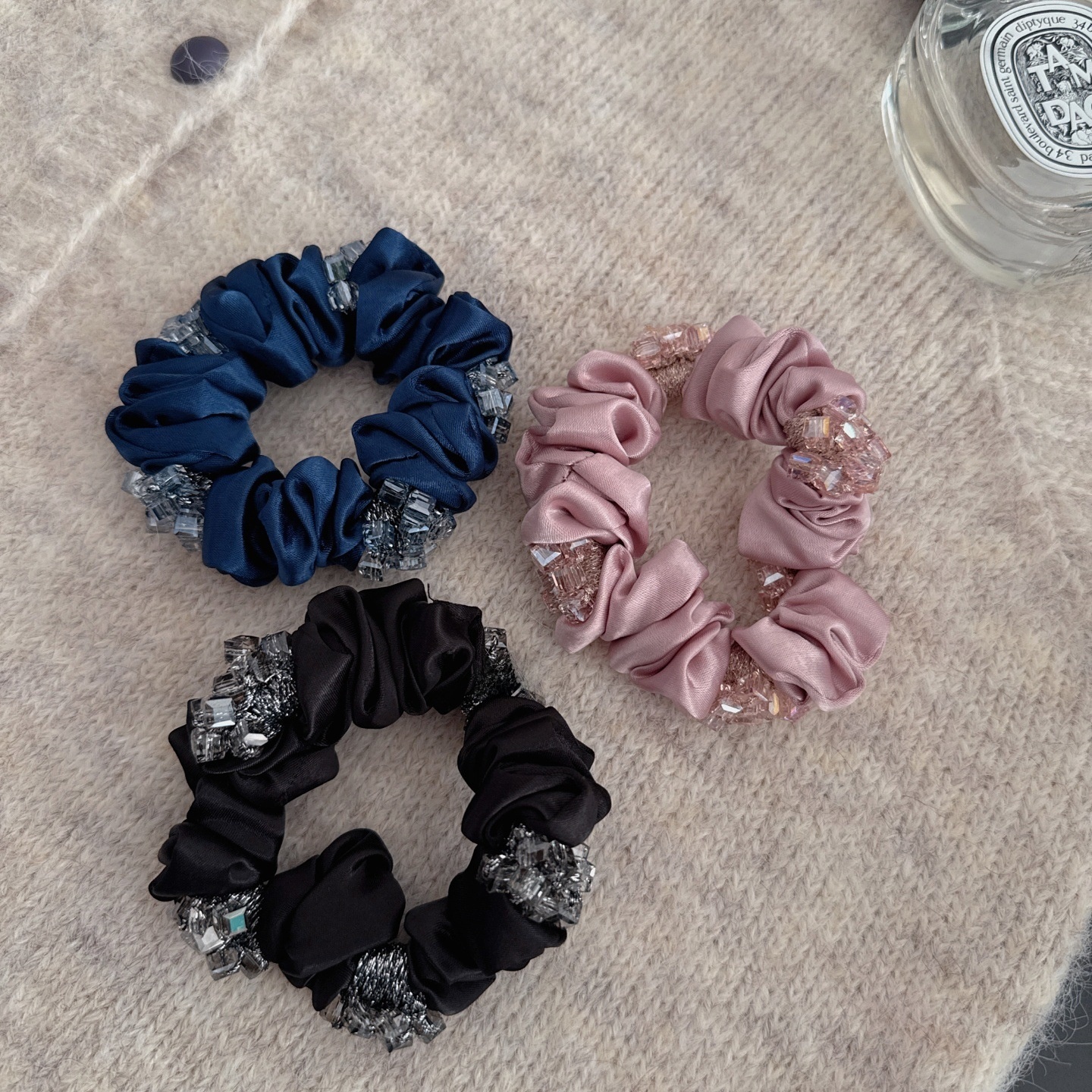 Women Minimalist Crystal Fabric Hair Tie For Ponytails Solid Pink Blue Black