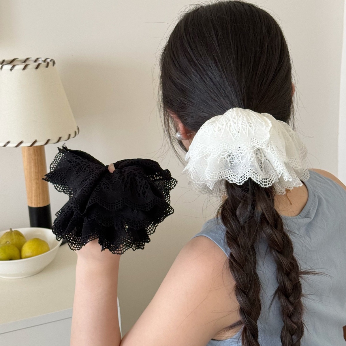 Women's Bohemian Lace Mesh Hair Tie Soft Hollow Design Low Ponytail Band