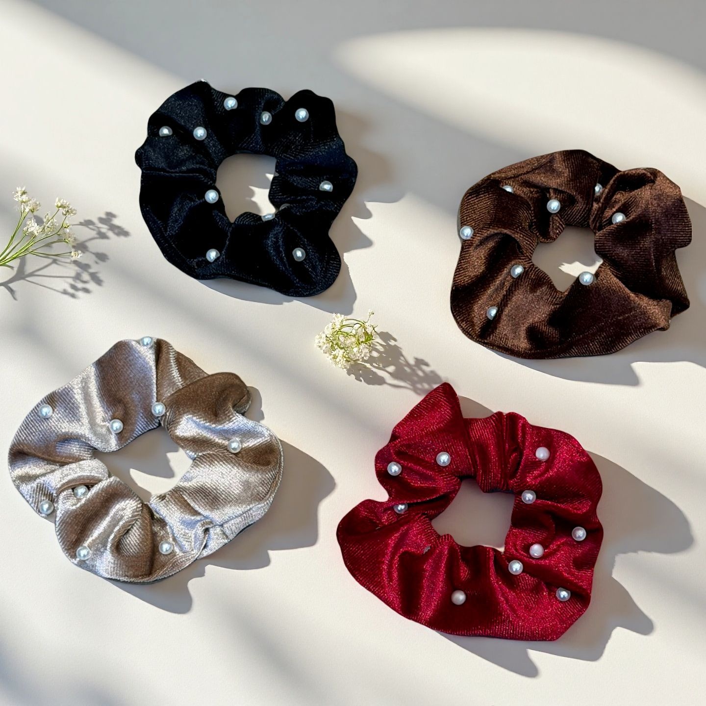 Women Girls Winter Pearl Velvet Low Bun Hair Bands Solid Color