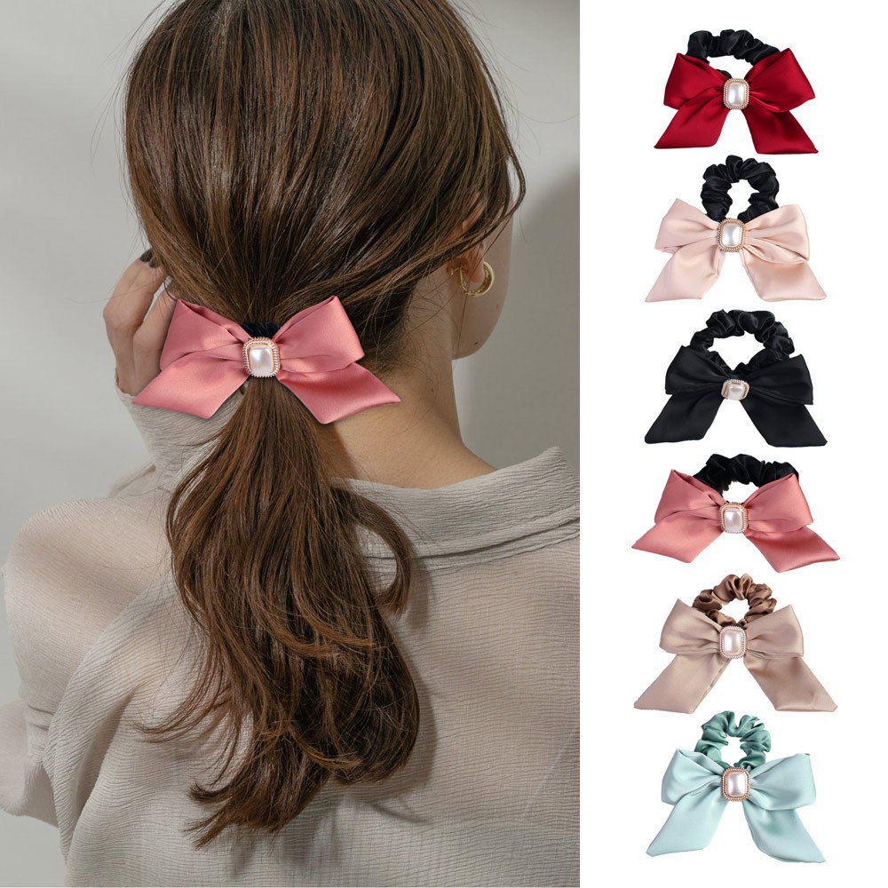 Women's Satin Pearl Bow Hair Tie, French Lolita Style Hair Accessory