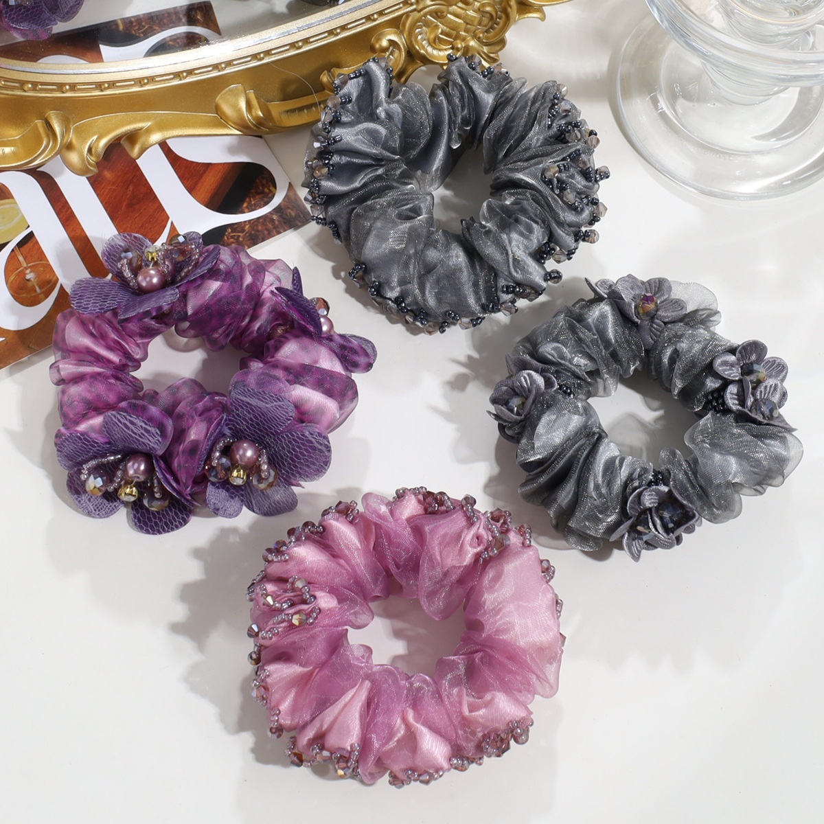 Women's Elegant Organza Hair Tie With Pearl Rhinestone Flower Tassel