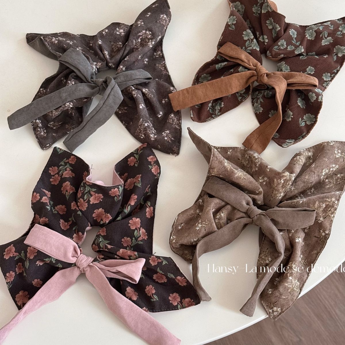 Women's Square Scarf Elastic Hairband AB Side Ditsy Floral Bow Hair Tie