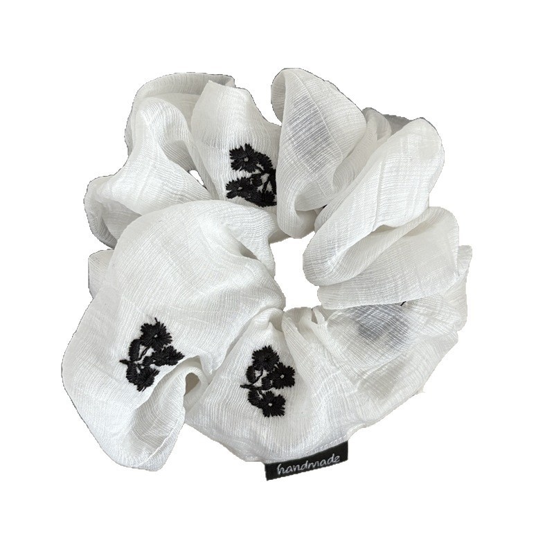 Women's Spring Cloth Hair Tie Scrunchie Black Embroidered Floral
