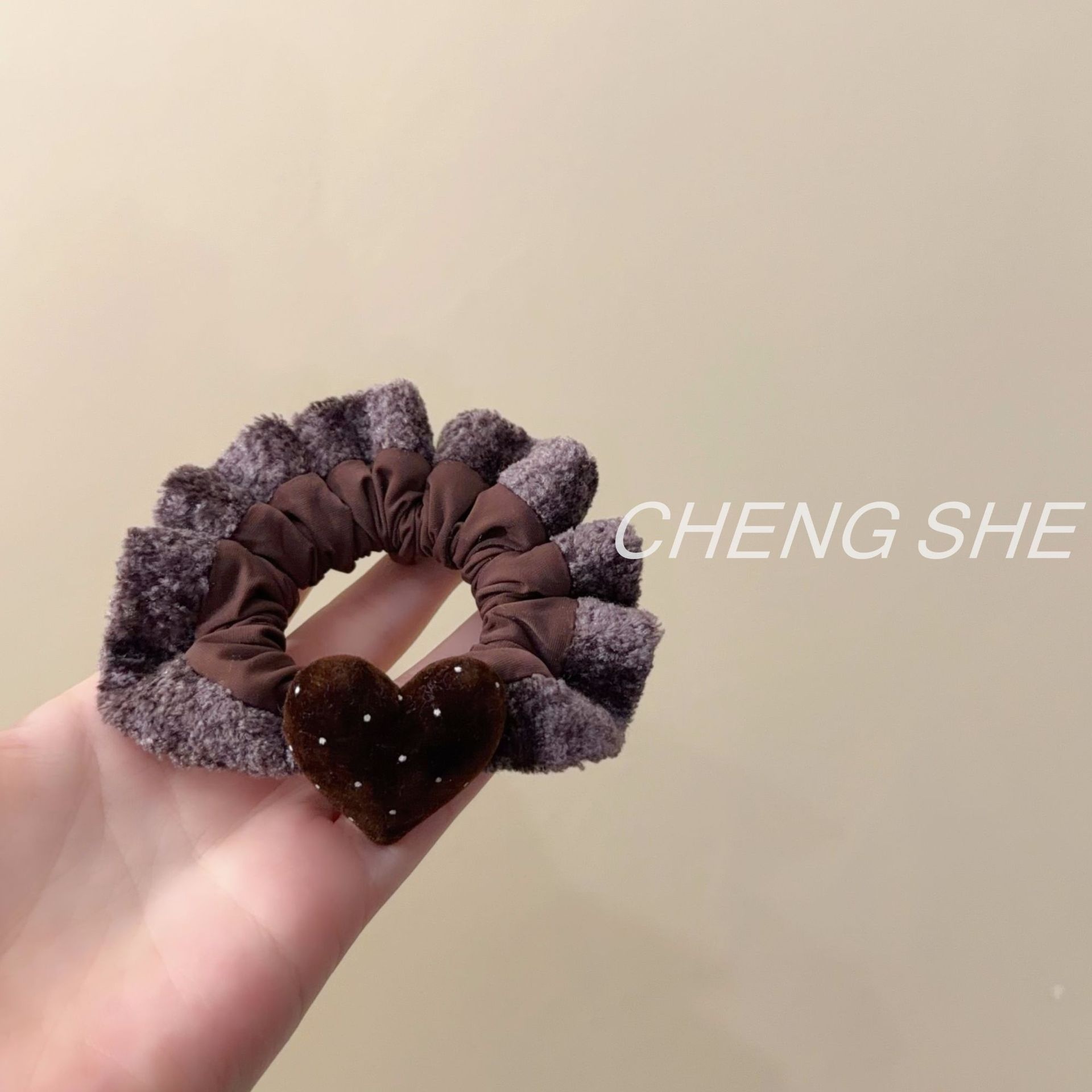 Women Winter Velvet Scrunchie Polka Dots Dark Coffee Elastic Hair Tie