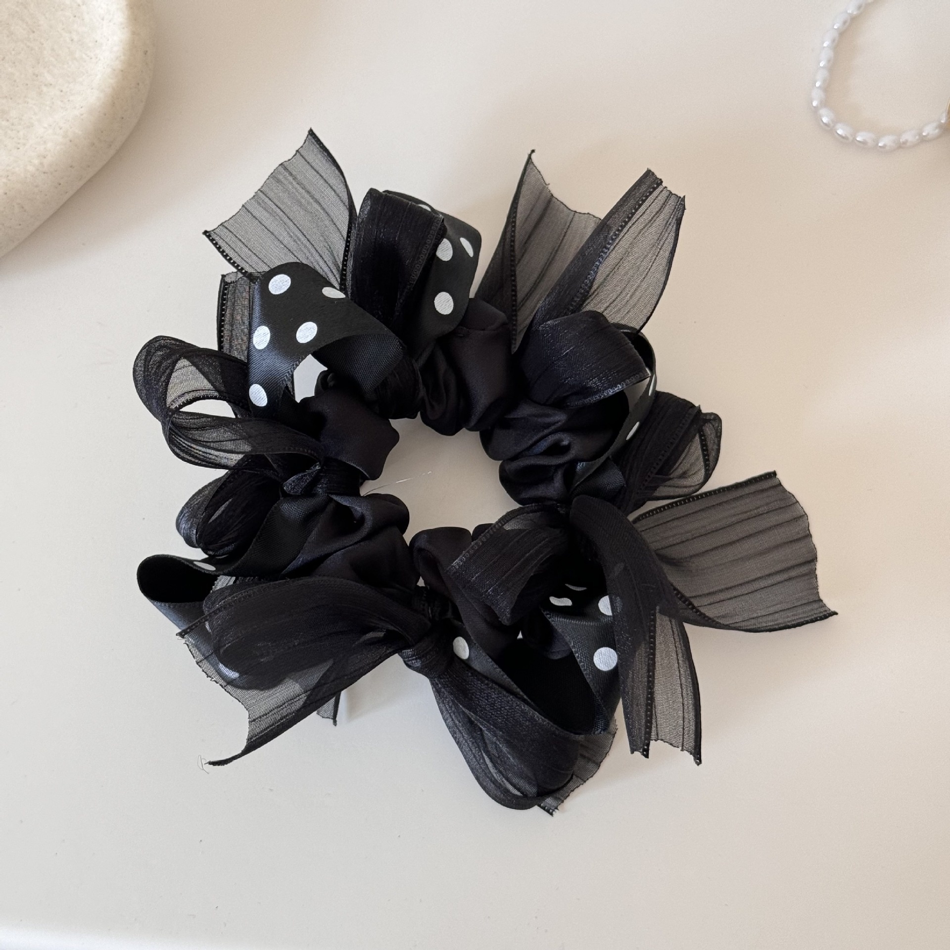 Women's Spring Polyester Bow Knot Hair Tie Accessory, Black Polka Dots