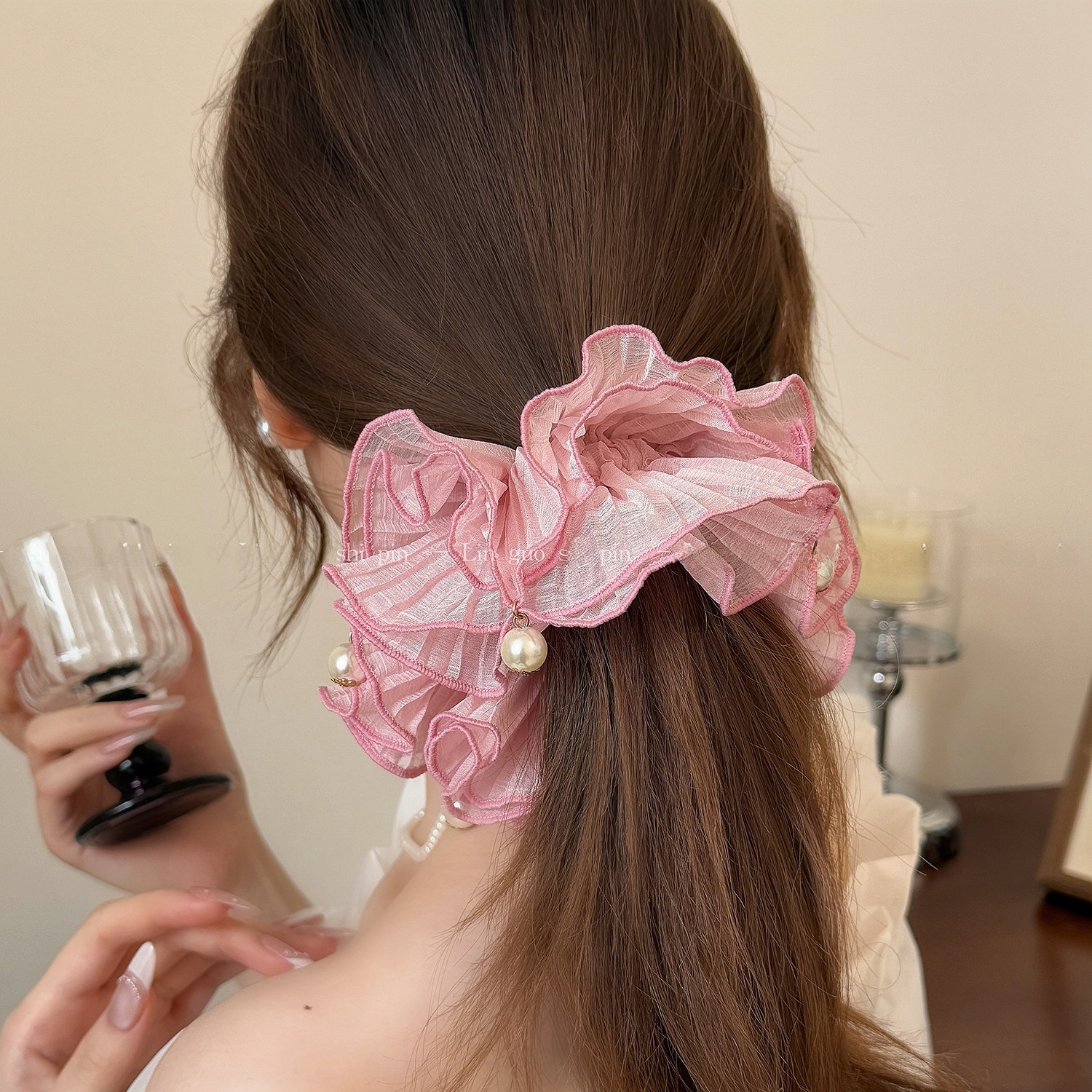 Women Summer Fairy Pearl Mesh Flower Scrunchie Hair Tie Solid Color