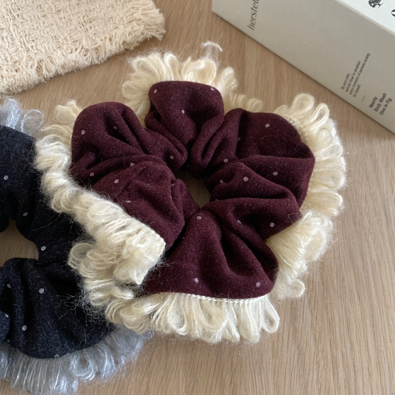 Women's Cozy Autumn Winter Cloth Hair Tie Dark Grey & Wine Red Polka Dots