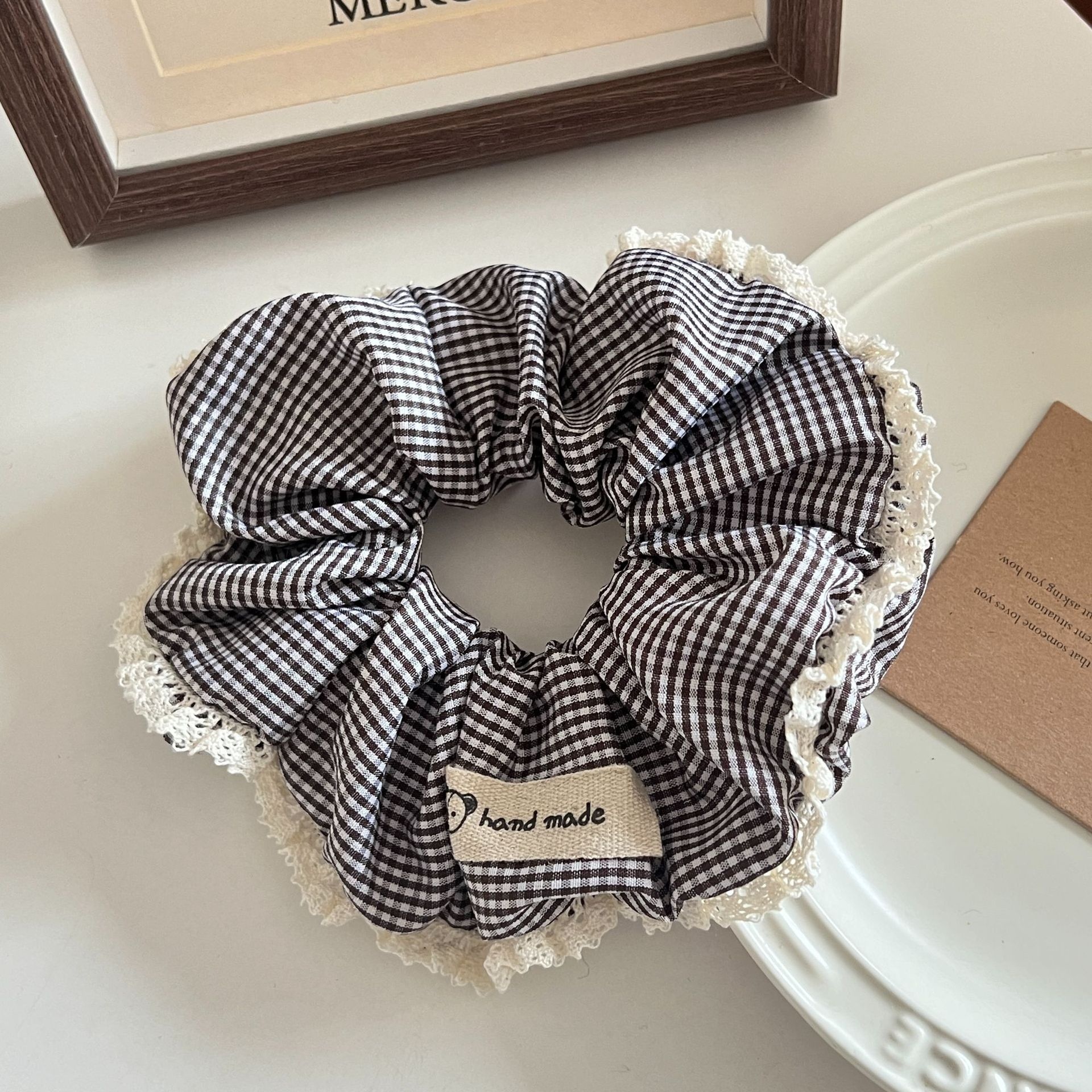 Women's Vintage Forest Lace Bun Scrunchie Hair Tie Coffee Plaid Cloth