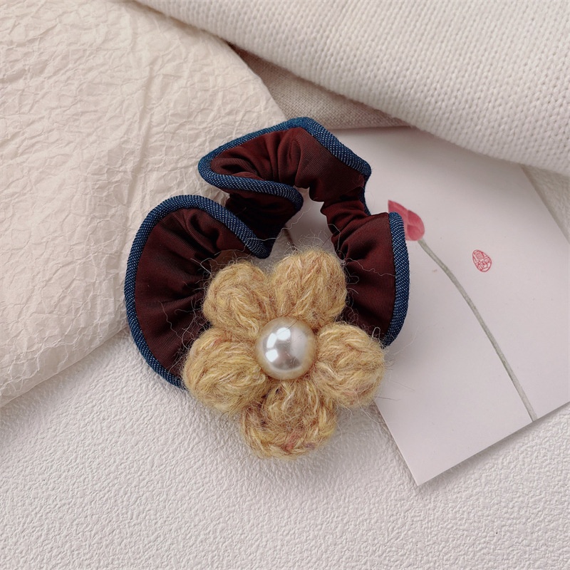 Women's Pearl Knitted Flower Elastic Hair Tie Floral Blue Yellow Hair Band