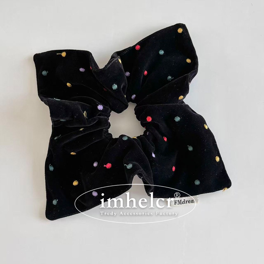 Girls Colorful Polka Dot Embroidered Black Velvet Headband Hair Bun Wrap