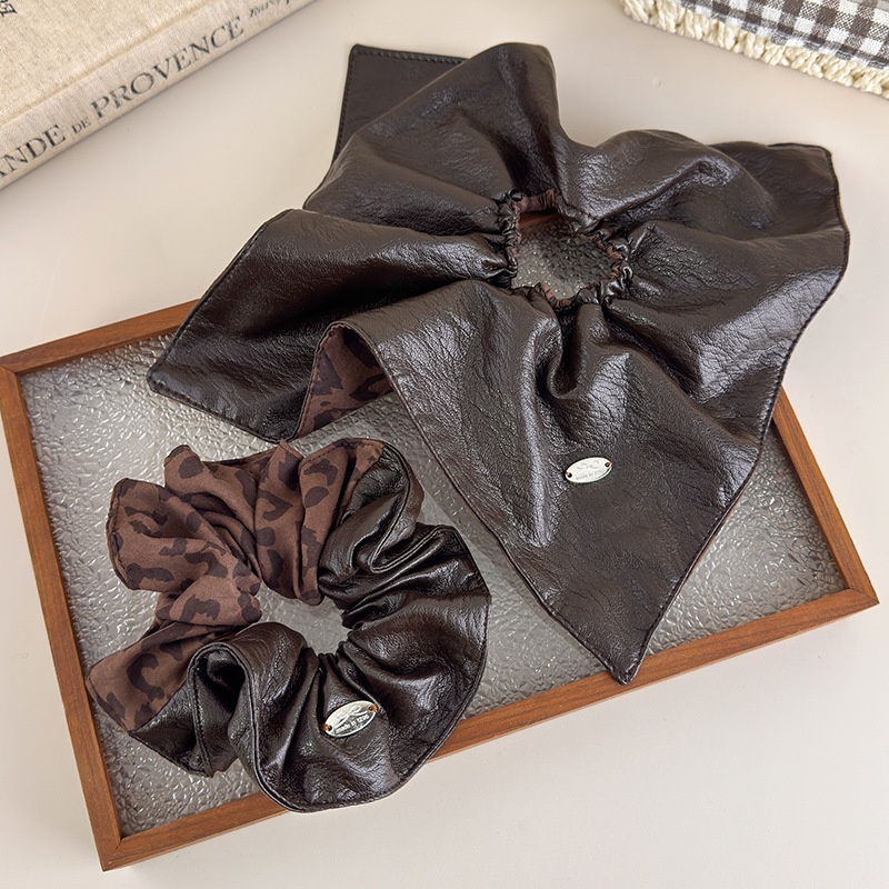 Women's Winter PU Leather Low Ponytail Scrunchie Brown Leopard Print