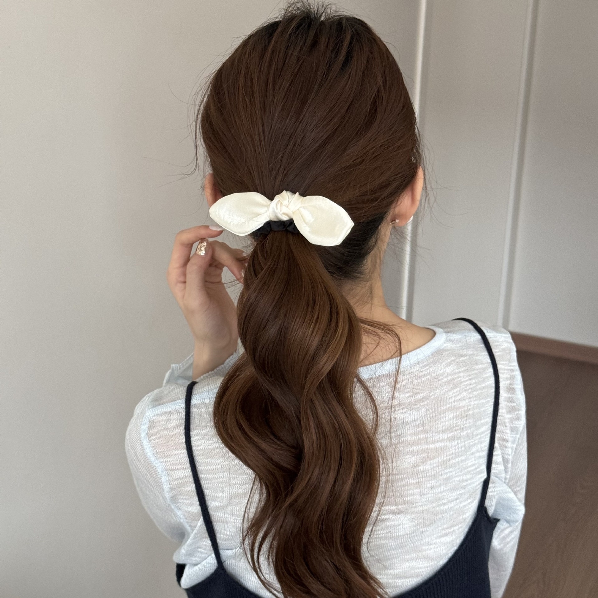 Women's French Satin Spring Ponytail Holder Hair Tie Pink Bowknot