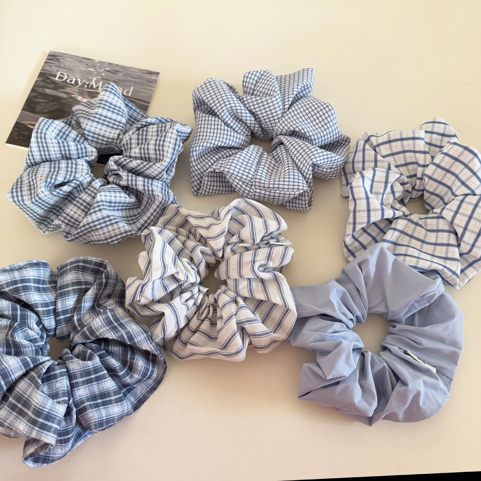 Women's Daily Cloth Hair Scrunchie Light Blue Checkered Plaid