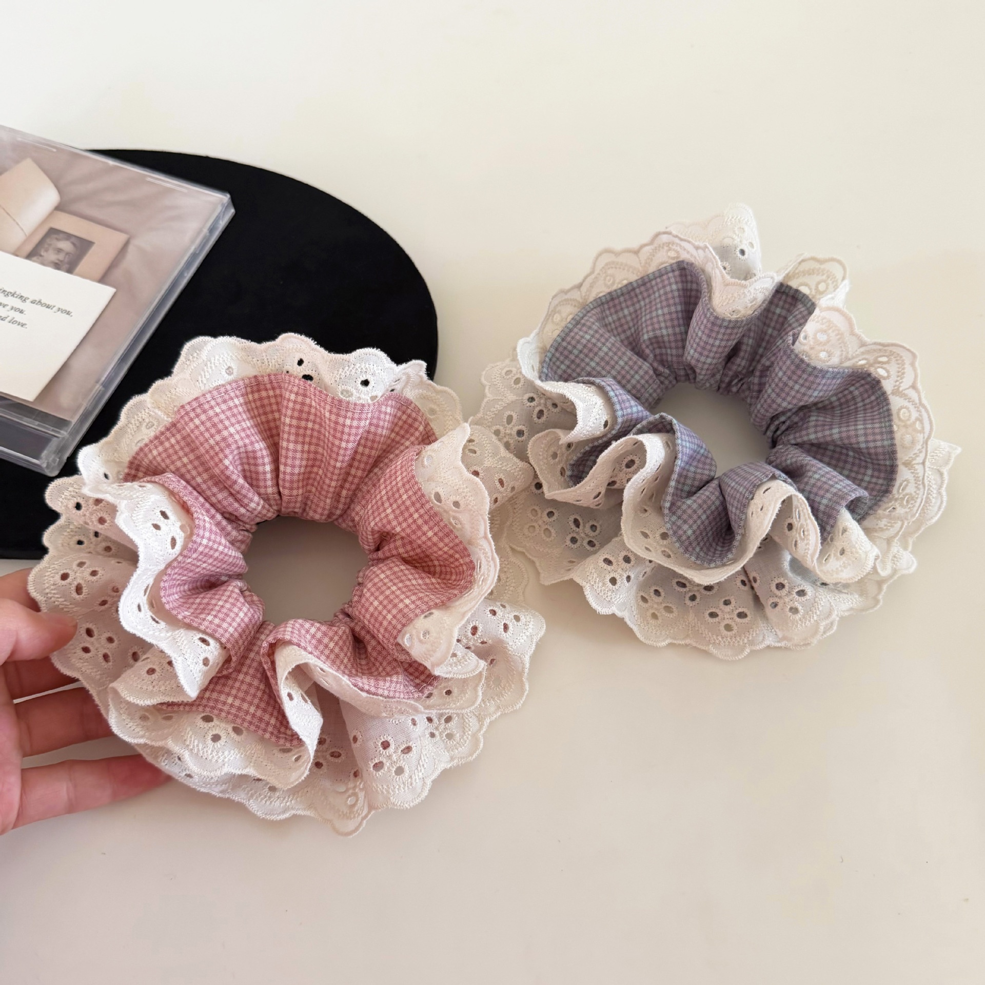 Women's Stylish Everyday Cloth Hair Tie Pink Blue Plaid Lace