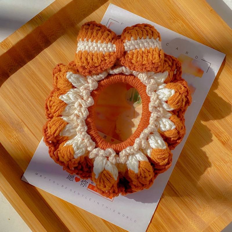 Women's Handmade Knitted Yarn Scrunchie Bellflower Bowknot Hair Tie