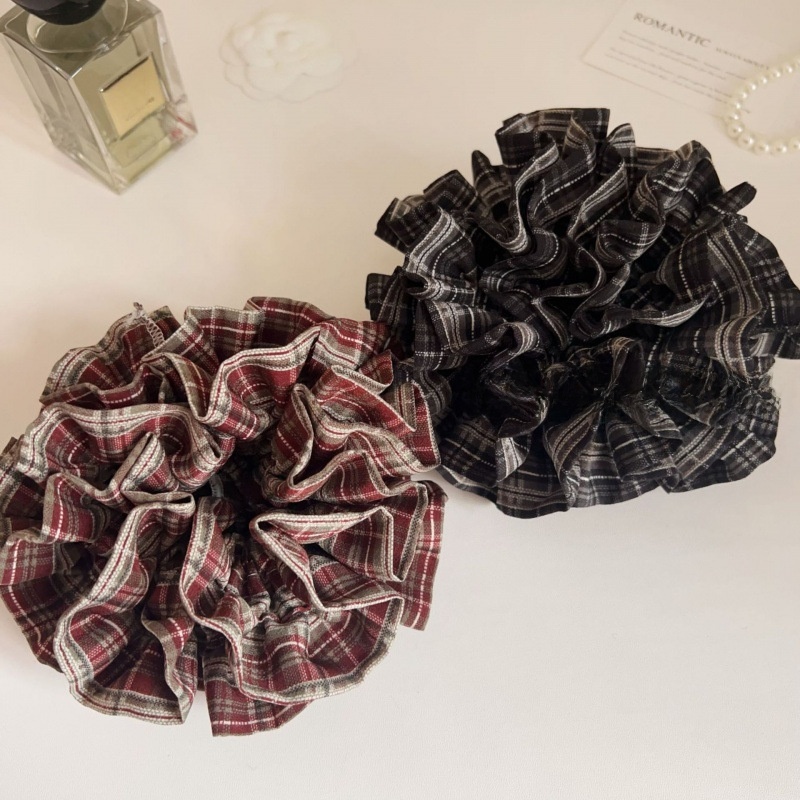 Women's Autumn Preppy Cloth Hair Tie Rubber Band Black Wine Red Plaid
