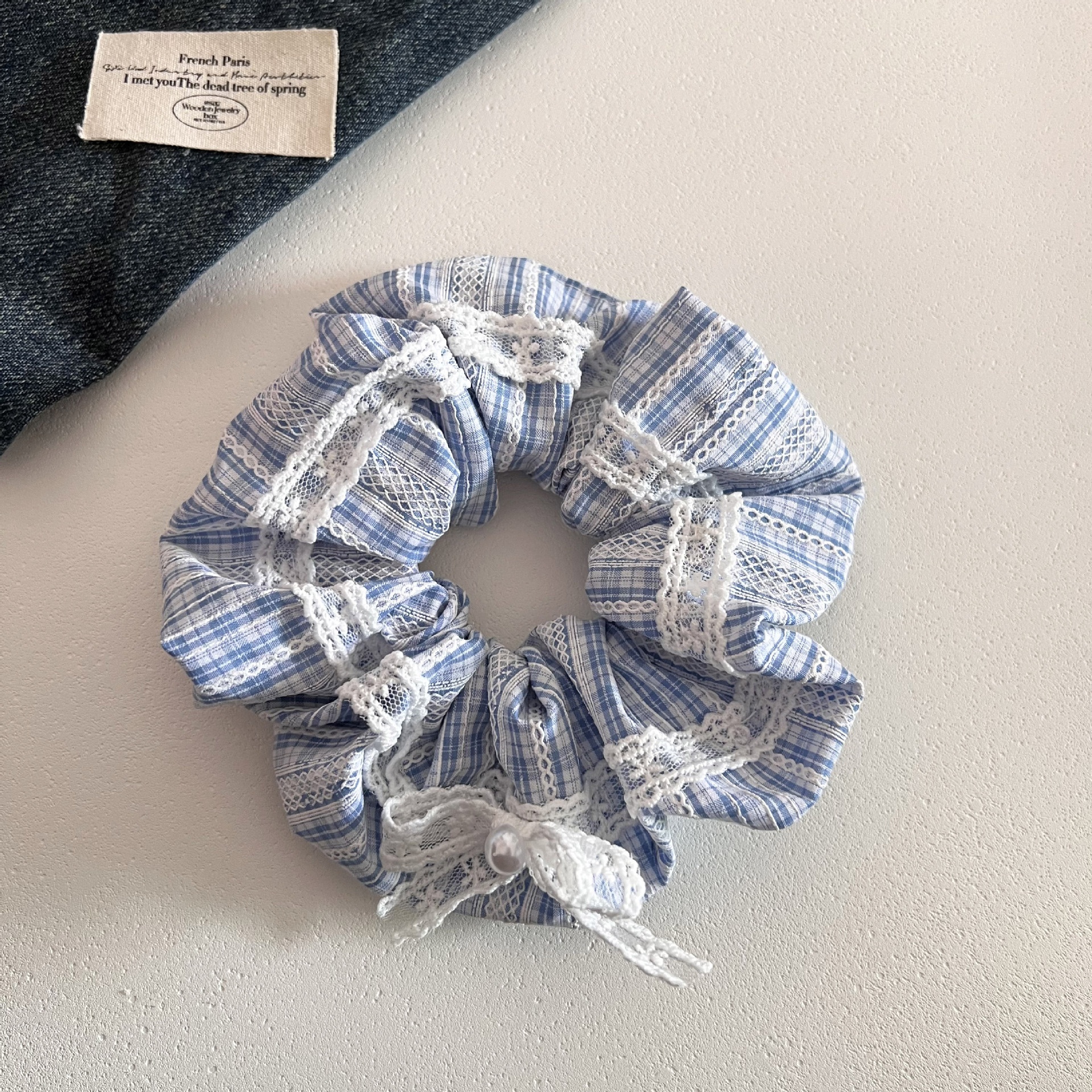 Women's Elastic Fabric Bow Ballet Ponytail Holder Light Blue Plaid