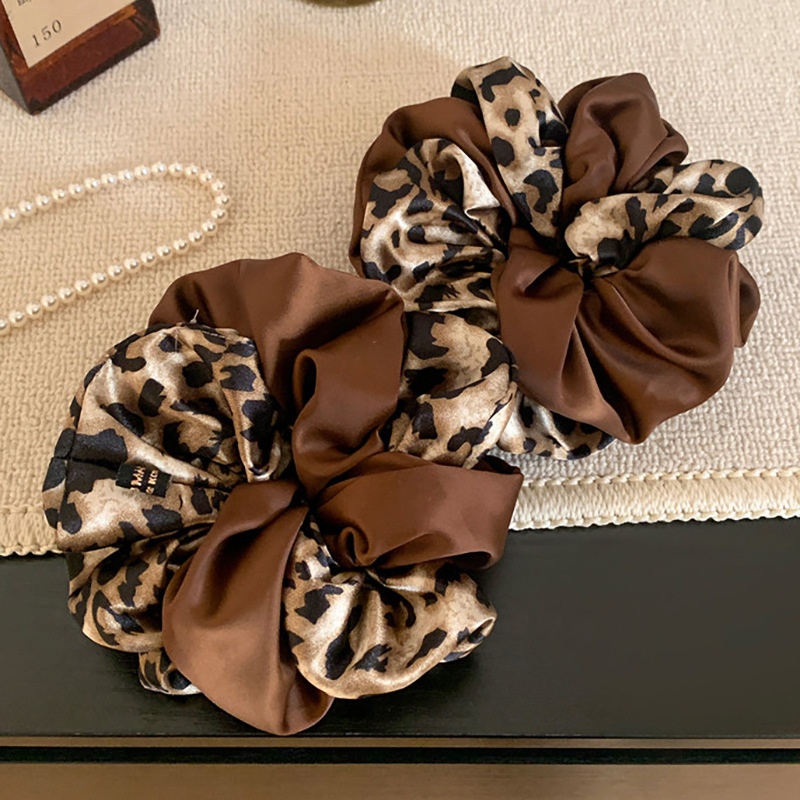 Women Autumn Winter Satin High Bun Hair Tie Yellow Brown Leopard Print