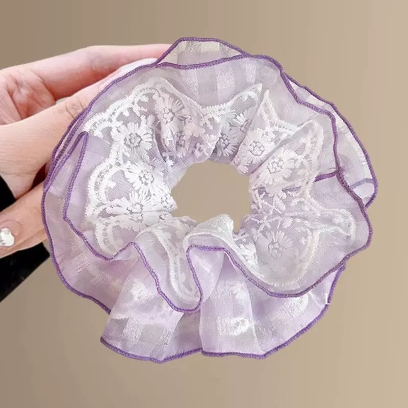 Women's Elegant Banquet Oversized Lace Elastic Hair Tie White Floral
