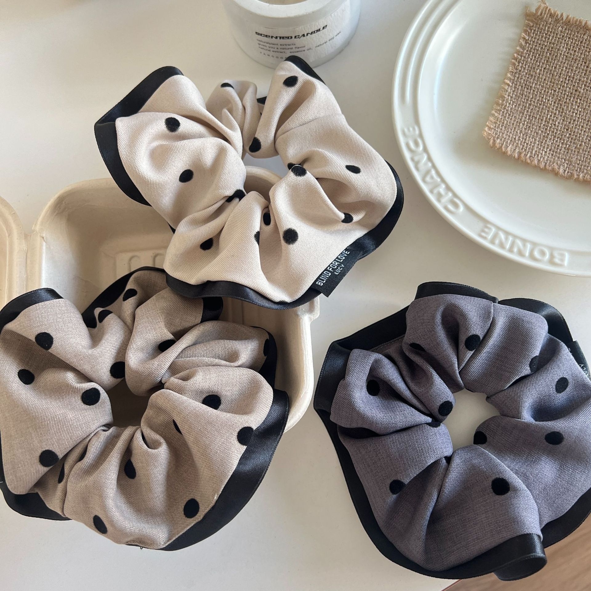 Women's Elegant Cloth Large Bow Hair Tie for Daily Wear Black Polka Dots