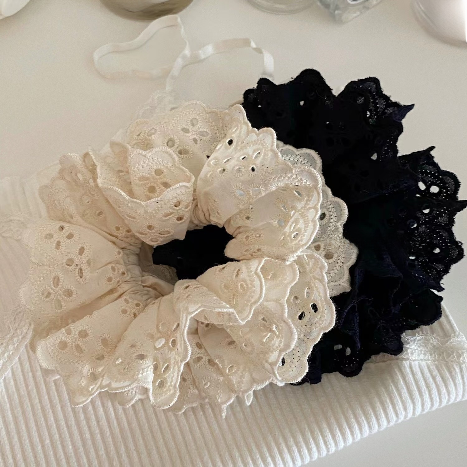 Women's Princess Ballet Fabric Hair Scrunchie White Hollow Lace
