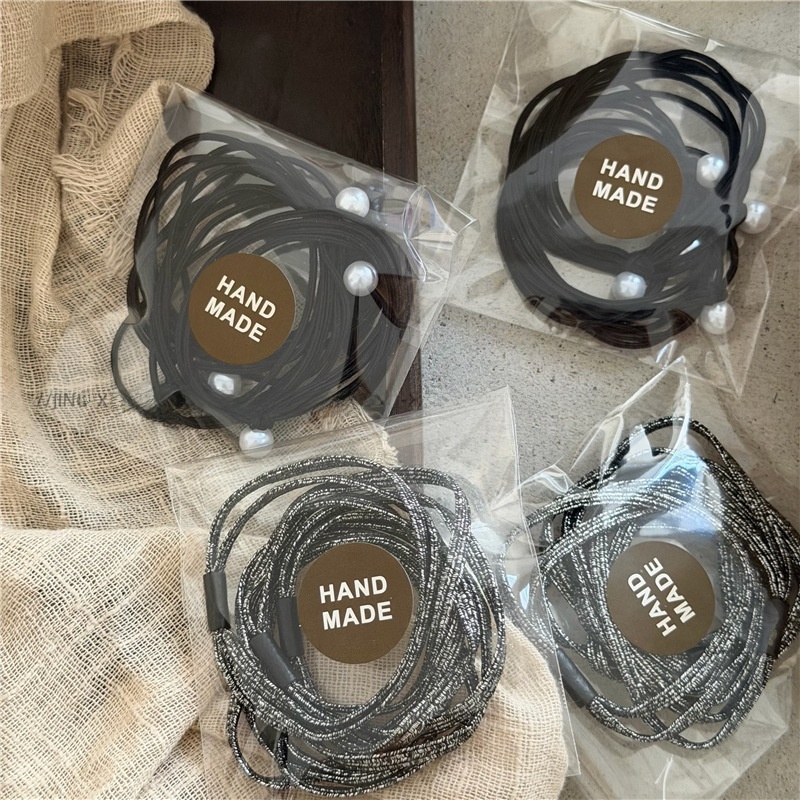 Women's Elastic Pearl Beaded Cloth Hair Ties Black Shiny Double Strand