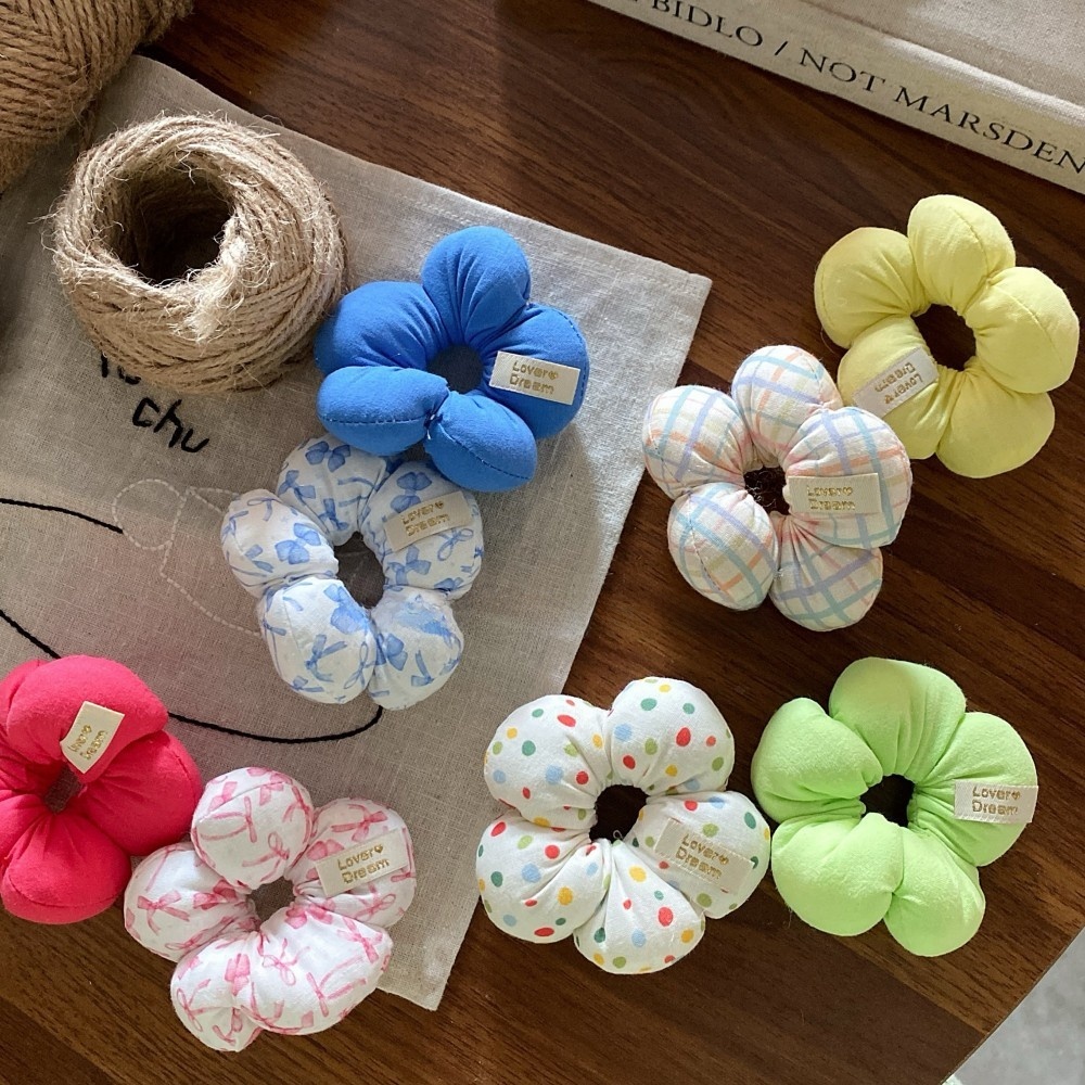 Women Sweet Cloth Bubble Braid Hair Rope Spring Floral Bow Knot Beige Pink