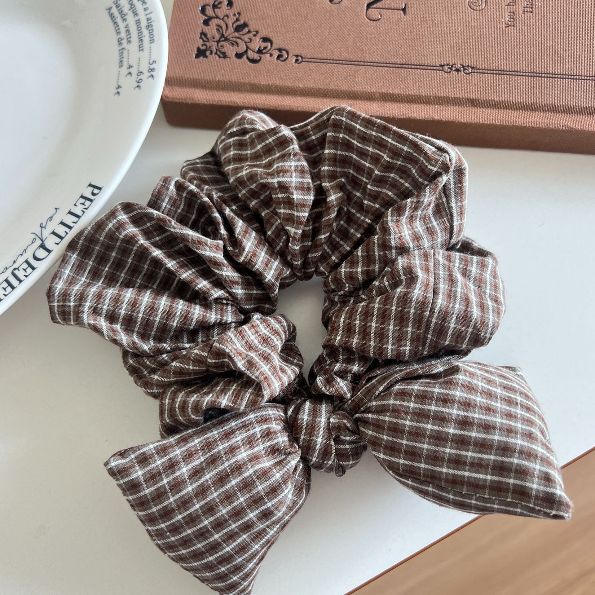 Women's Ruffled Fabric Low Ponytail Hair Tie Scrunchie Retro Plaid