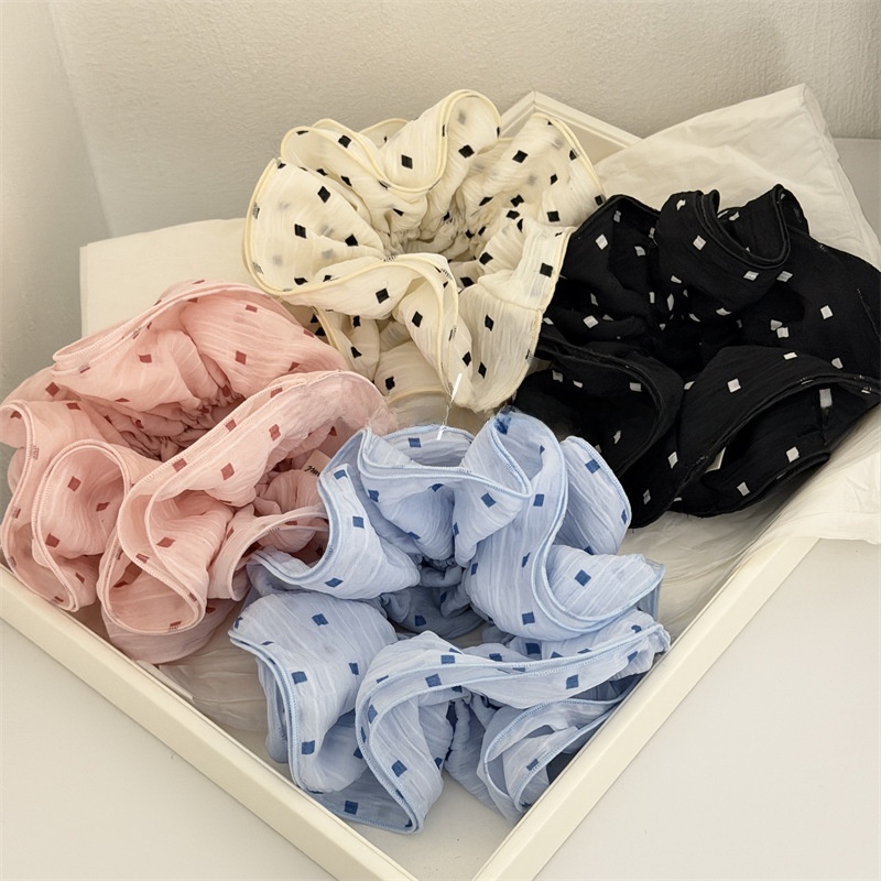 Women's Spring Cloth Telephone Cord Hair Tie in Beige Gingham