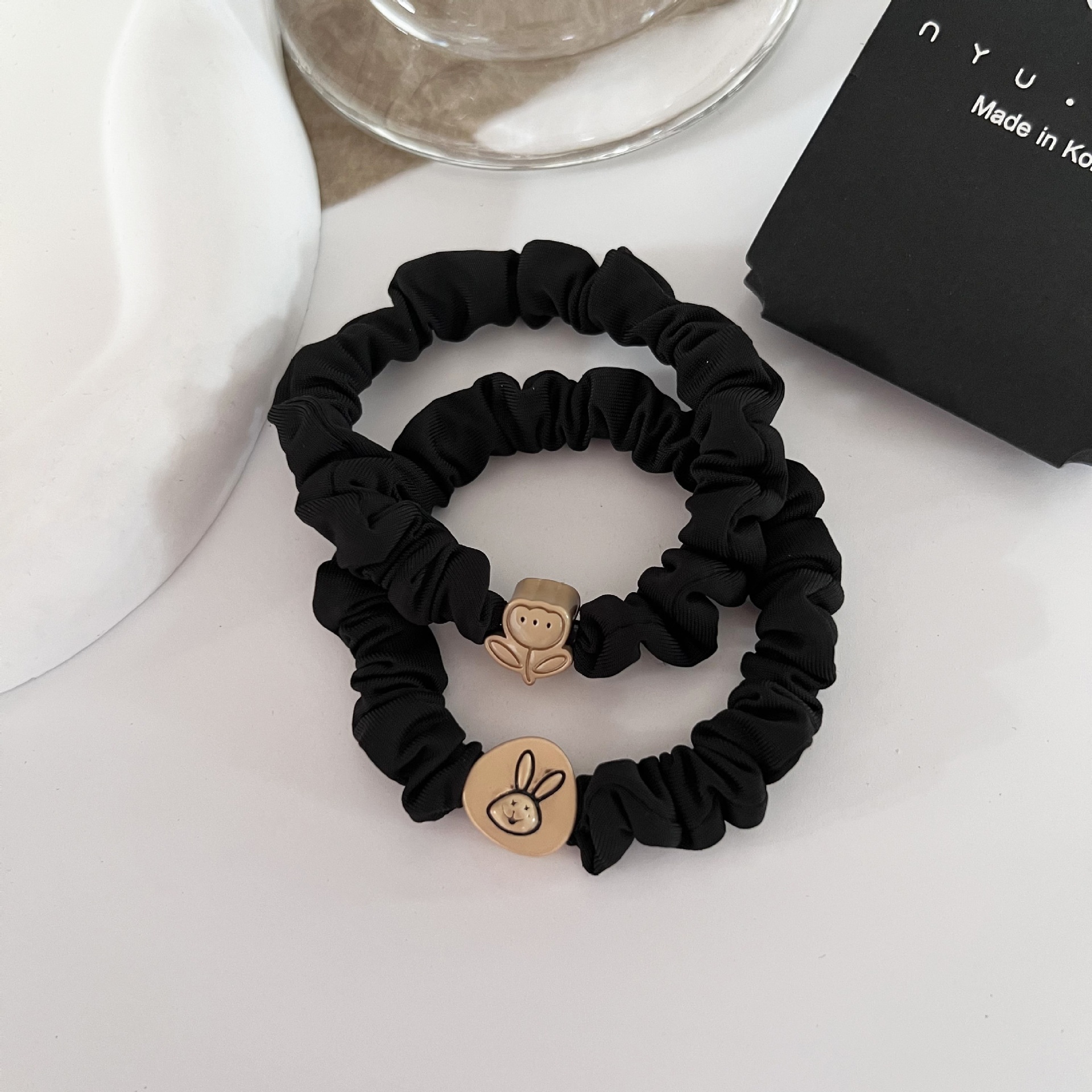 Women's Elastic Cloth Ponytail Hair Tie Set Black Bear Rabbit Bow Pattern