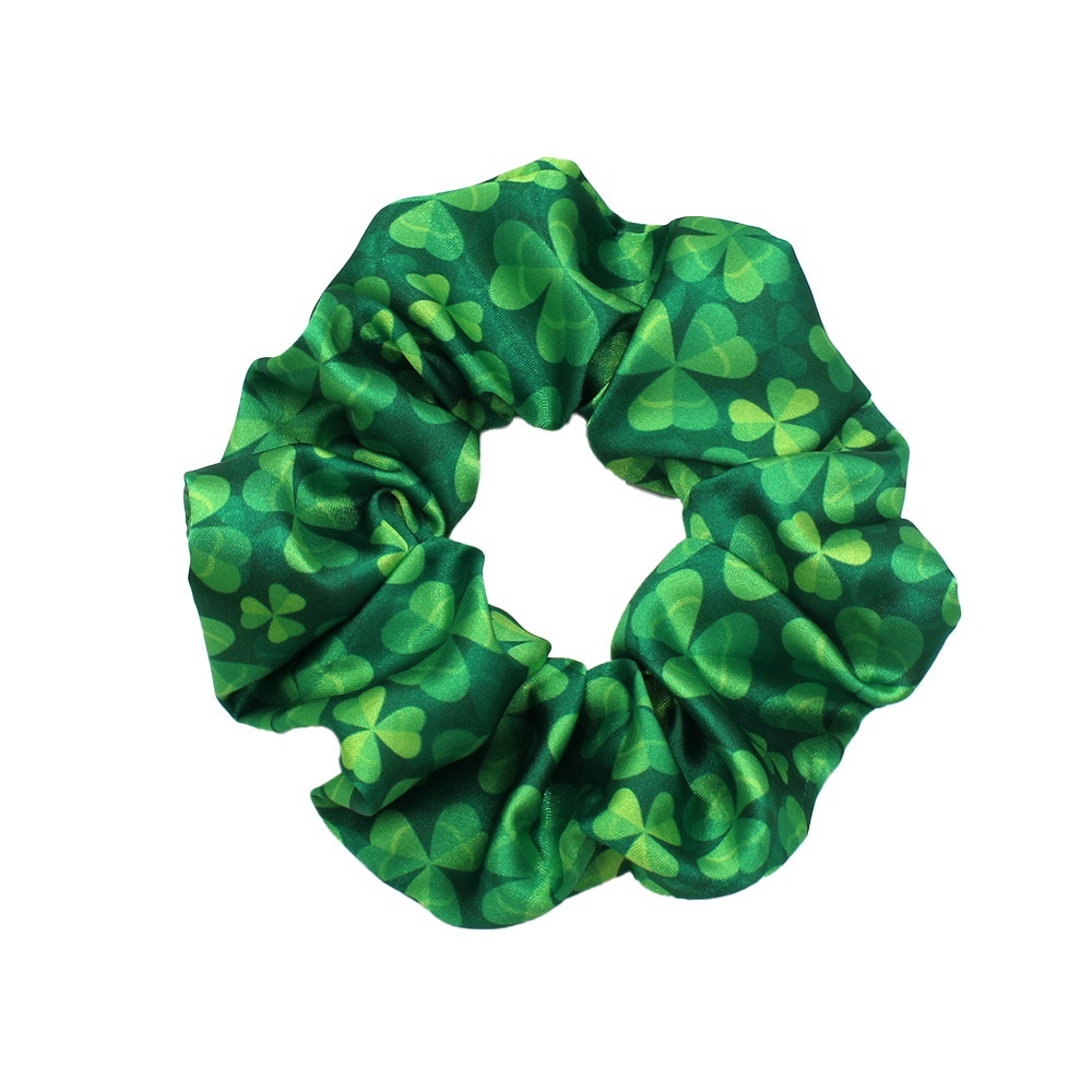 Women's 5PCS St. Patrick's Day Green Shamrock Big Bow Silk Printed Hair Ties