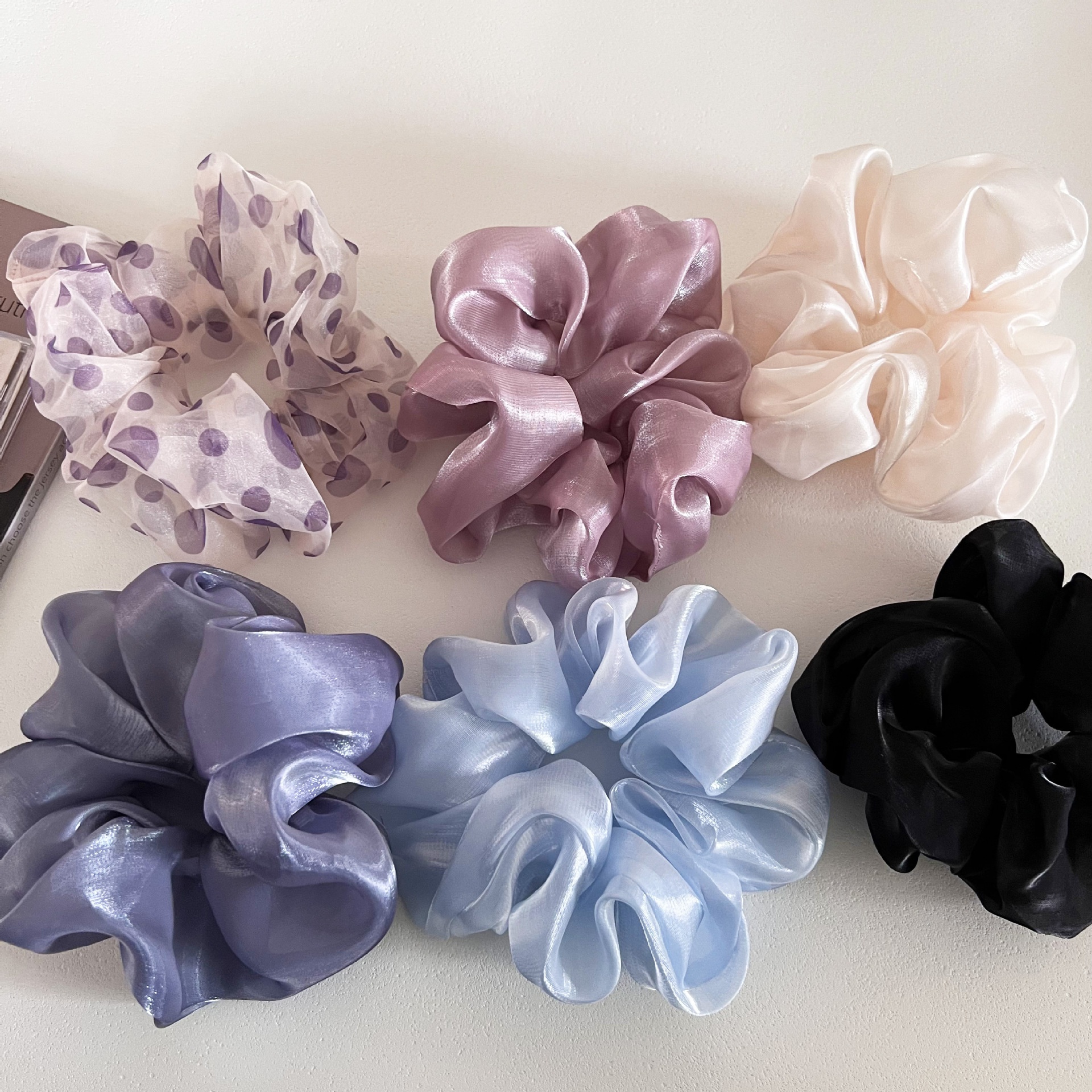 Women's Fairy Fluffy Gauze Pearl Bow Bun Hair Tie Solid Polka Dots