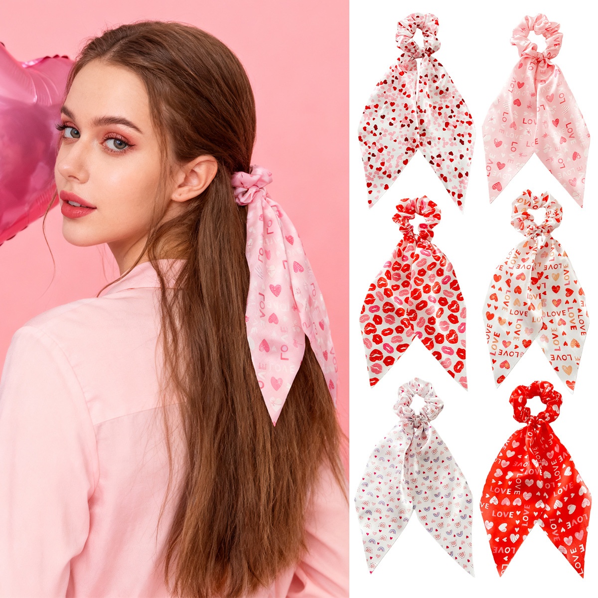 Women's Valentine's Day Sweetheart Lip Print Cloth Ribbon Elastic Hair Tie