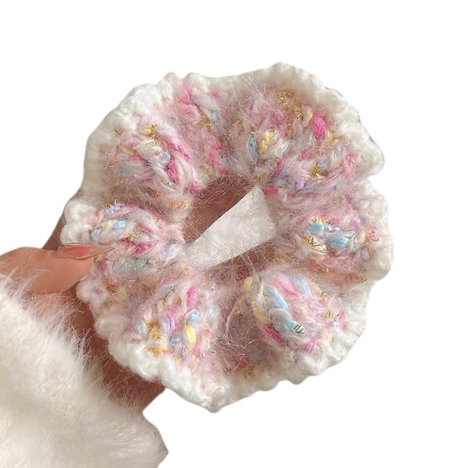 Women's Sweet Daily Handmade Large Bow Hair Tie Pink Knitted Yarn