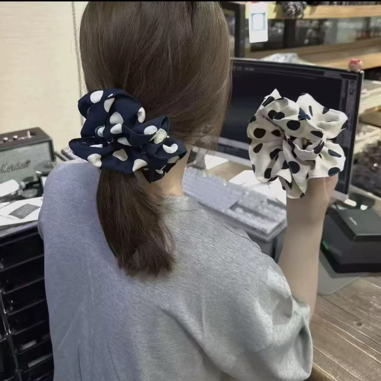Women's Luxury Cloth Bow Scrunchie Bun Maker Hair Tie Large Polka Dot