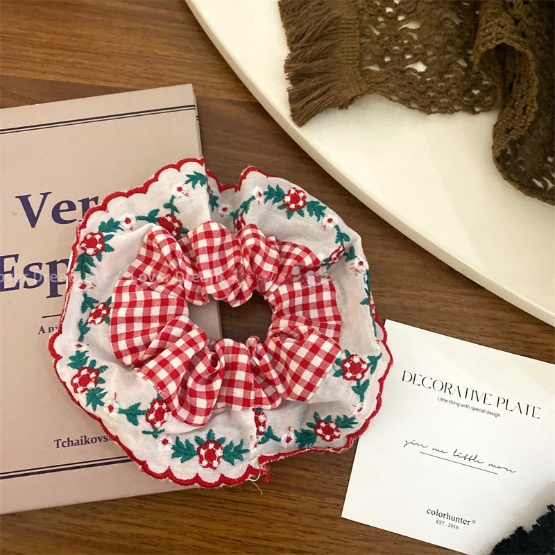 Women's Elegant Cloth Hair Tie, Pastoral Red & White Polka Dot Floral Embroidery