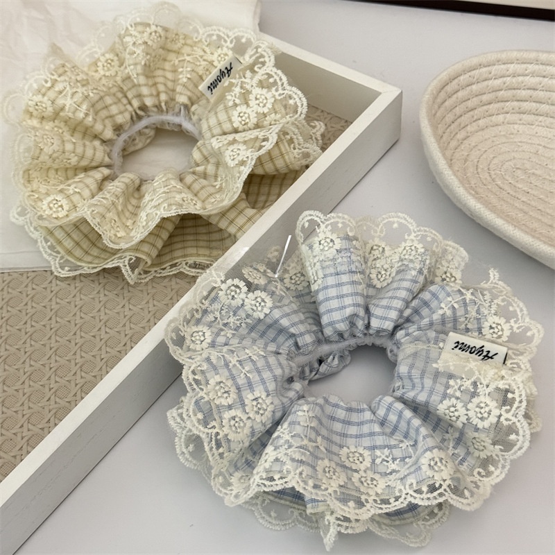 Women's Everyday Cloth Hair Scrunchies Blue Yellow Plaid Lace