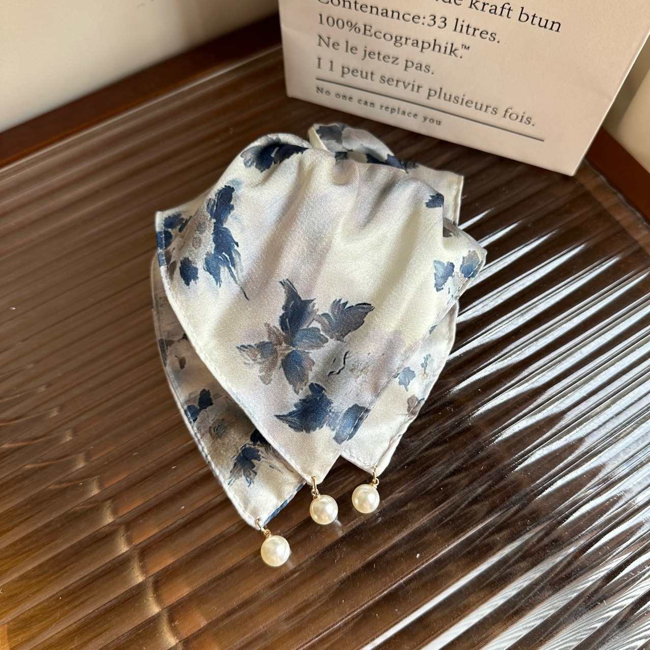 Women's Summer Cloth Hair Tie with Pearls French Tie Dye Ink Painting