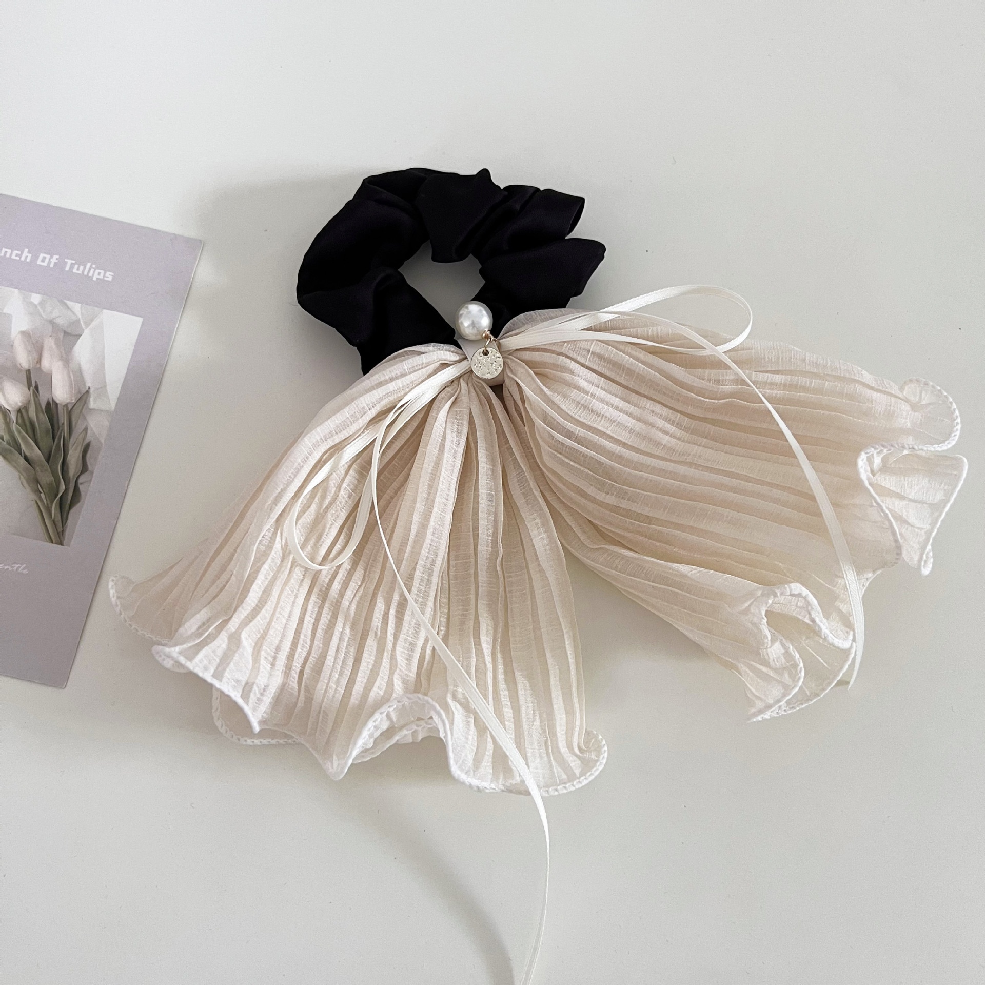 Women's French Double Layer Tulle Hair Tie Pearl Bowknot Black White