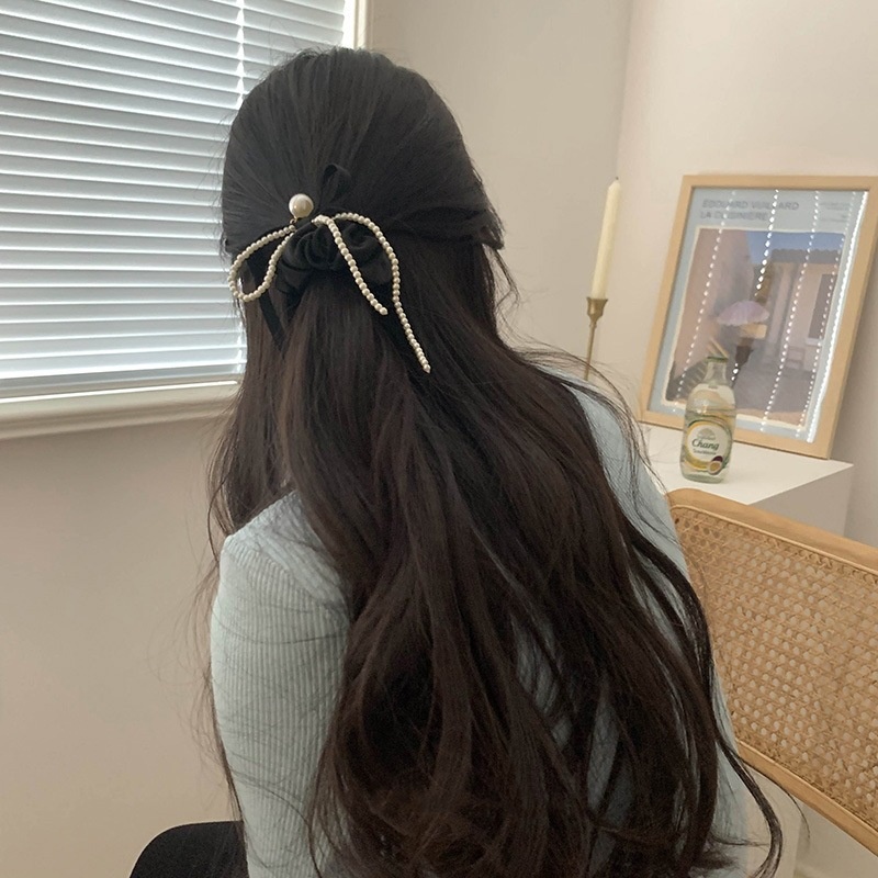 Women's French Pearl Cloth Elastic Hair Bun Tie Beige Black Bowknot