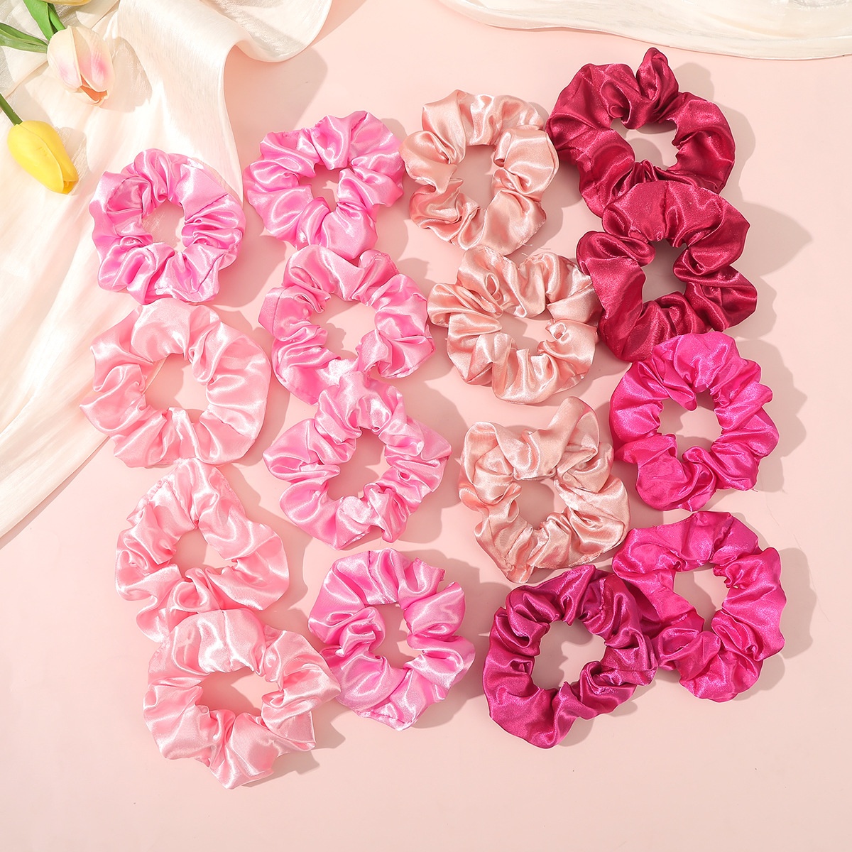 Women's Elegant Satin Scrunchie Winter Hair Accessory Solid Pink