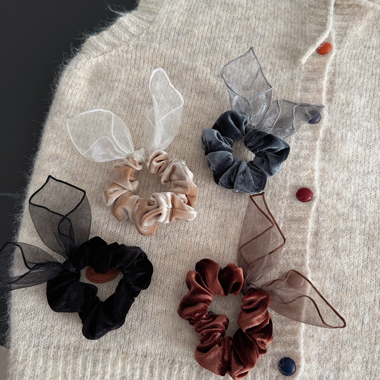 Women's Retro Velvet Mesh Rabbit Ear Bow Hair Tie Bun Fixing Khaki Coffee