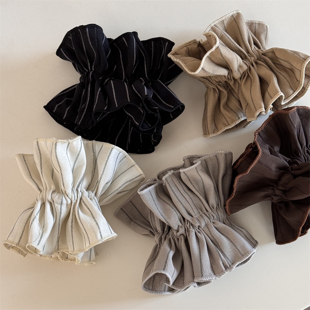 Women Elegant Low Bun Hair Scrunchie Elastic Striped Cloth Coffee Beige